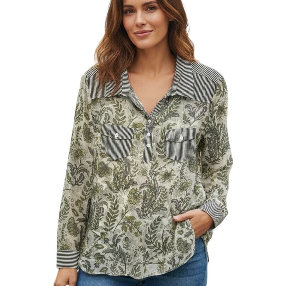 Adore Mixed Media Top Womens XL Floral Striped Twill Semi Sheer Boho Prep